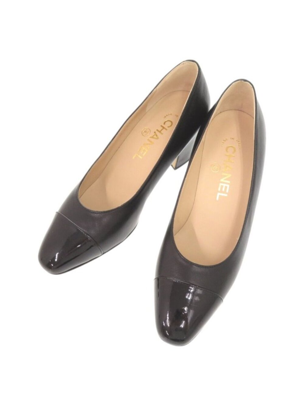 Chanel CC Logo 35c Leather Patent Black Pumps Heel
